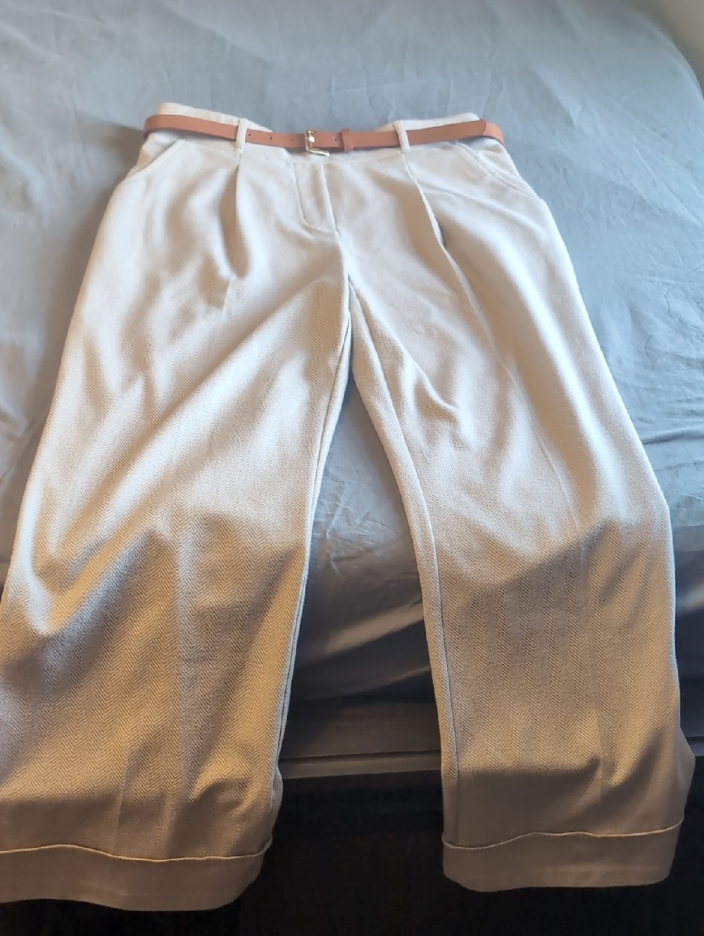 Cream Wide-Leg Trousers with Tan Belt